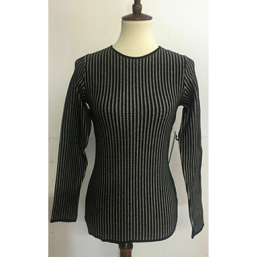 RVN Womens Black Striped Ribbed Knit Top